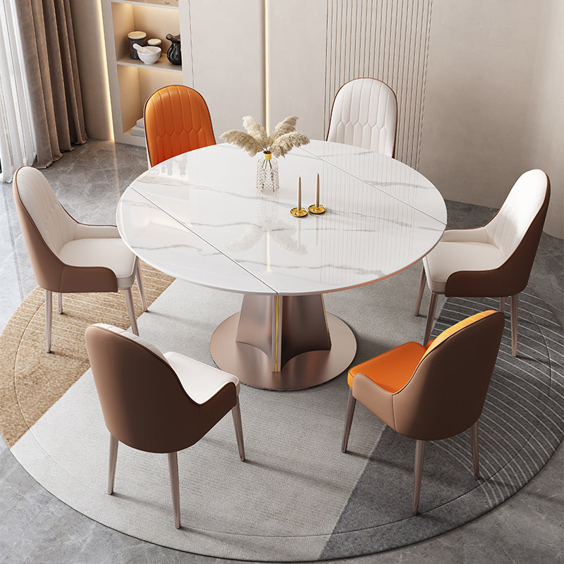 Modern White Round Extendable Dining Table with Metal Pedestal Base Clearhalo 'Dining Tables & Seating' 'Dining Tables' 'dining_table' 'furn' 'furn_dining_table' 'Furniture' 'Kitchen & Dining Furniture' 7604043