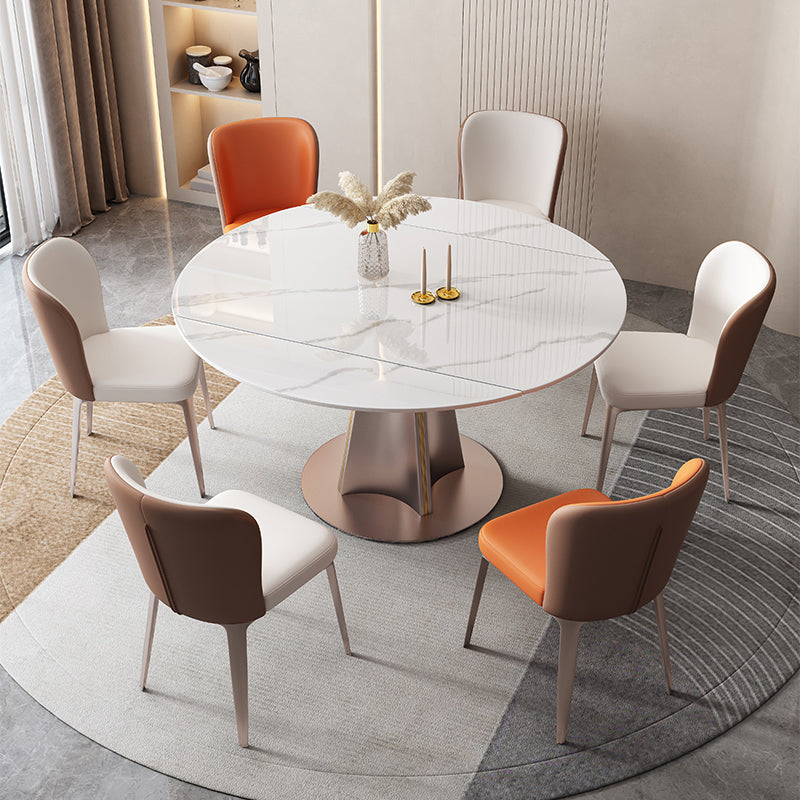 Modern White Round Extendable Dining Table with Metal Pedestal Base Clearhalo 'Dining Tables & Seating' 'Dining Tables' 'dining_table' 'furn' 'furn_dining_table' 'Furniture' 'Kitchen & Dining Furniture' 7604044