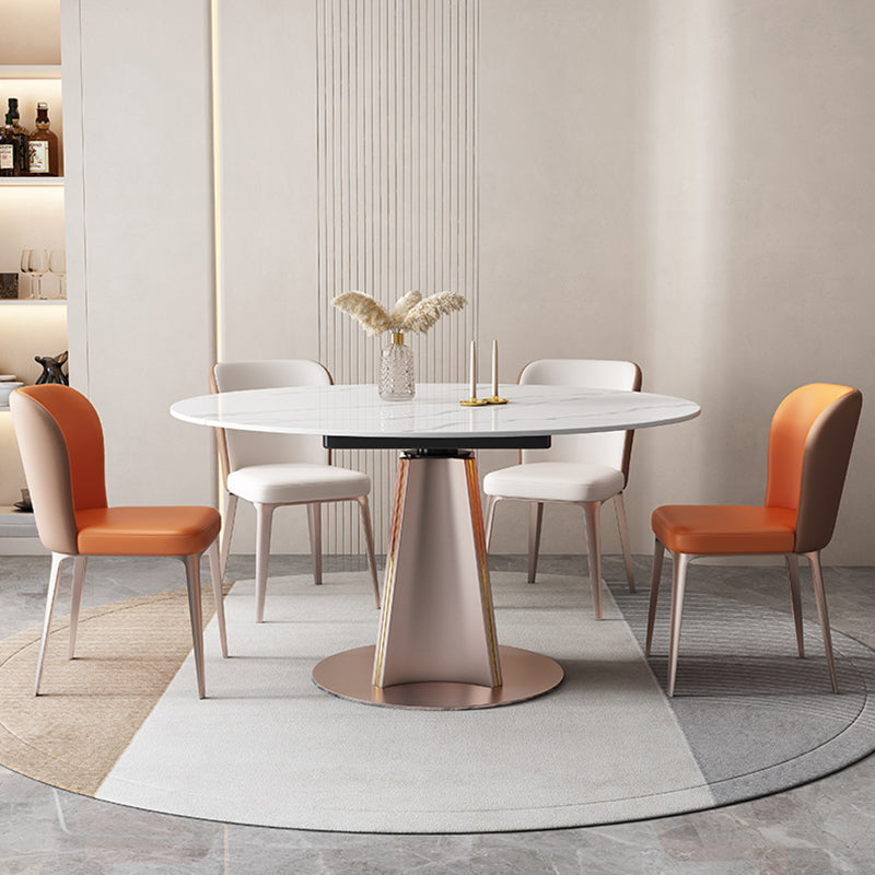 Modern White Round Extendable Dining Table with Metal Pedestal Base Clearhalo 'Dining Tables & Seating' 'Dining Tables' 'dining_table' 'furn' 'furn_dining_table' 'Furniture' 'Kitchen & Dining Furniture' 7604045