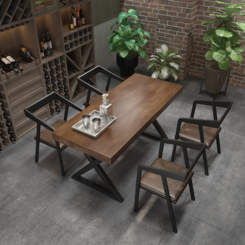 Mesa de comedor rectangular de madera maciza de estilo industrial con patas de hierro de pedestal doble