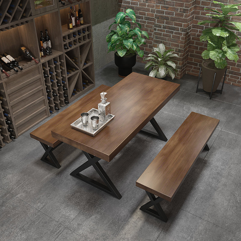 Mesa de comedor rectangular de madera maciza de estilo industrial con patas de hierro de pedestal doble