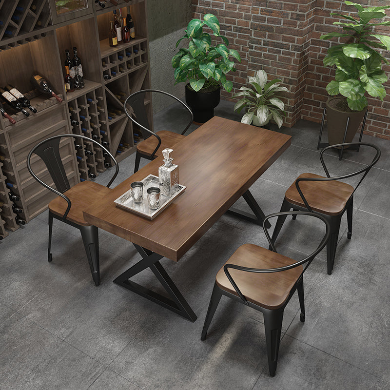 Mesa de comedor rectangular de madera maciza de estilo industrial con patas de hierro de pedestal doble