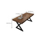 Mesa de comedor rectangular de madera maciza de estilo industrial con patas de hierro de pedestal doble