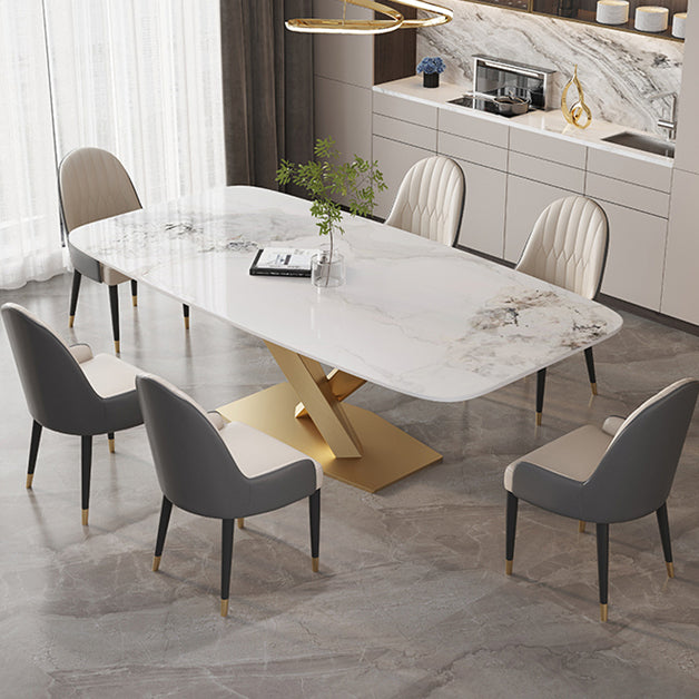 Moderne witte rechthoekige stenen eettafel met metalen voetstuk