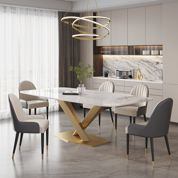 Moderne witte rechthoekige stenen eettafel met metalen voetstuk