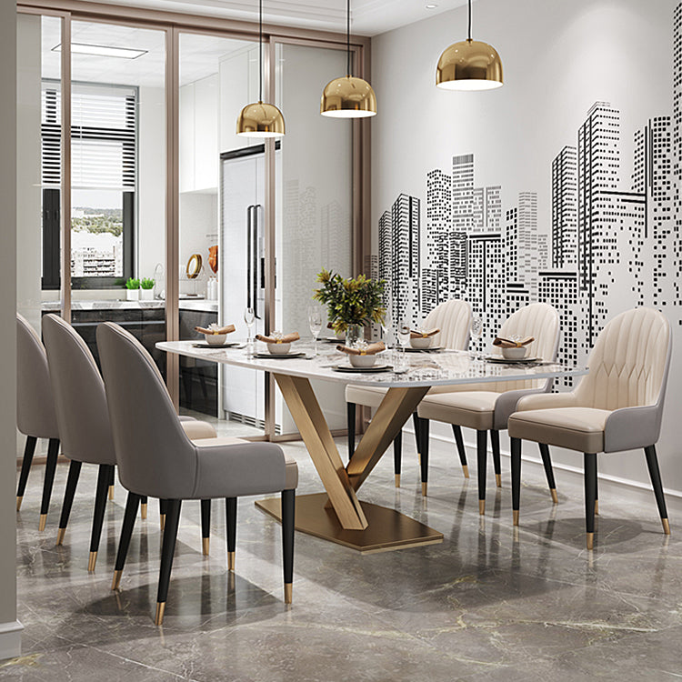 Moderne witte rechthoekige stenen eettafel met metalen voetstuk