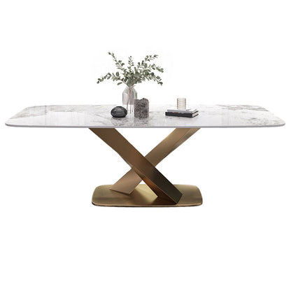 Moderne witte rechthoekige stenen eettafel met metalen voetstuk