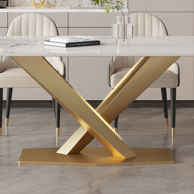 Moderne witte rechthoekige stenen eettafel met metalen voetstuk