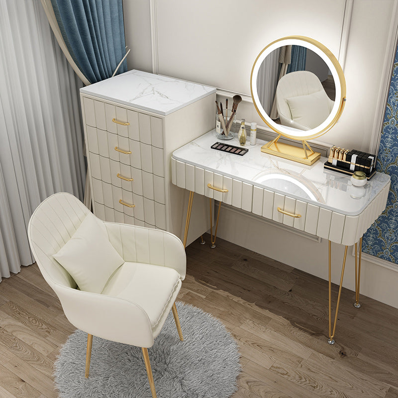Slate Vanity Desk Removable Vanity Makeup Vanity Set for Bedroom Makeup Vanity & Mirror & 5 Dressers & Vanity Stool 39"L x 16"W x 31"H Off-White Clearhalo 'Bedroom Furniture' 'furn' 'furn_makeup_vanities' 'Furniture' 'Makeup Vanities' 'makeup_vanities' 7617753