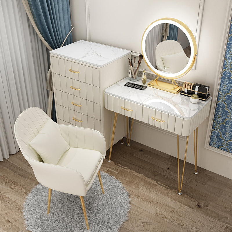 Slate Vanity Desk Removable Vanity Makeup Vanity Set for Bedroom Makeup Vanity & Mirror & 5 Dressers & Vanity Stool 31"L x 16"W x 31"H Off-White Clearhalo 'Bedroom Furniture' 'furn' 'furn_makeup_vanities' 'Furniture' 'Makeup Vanities' 'makeup_vanities' 7617761