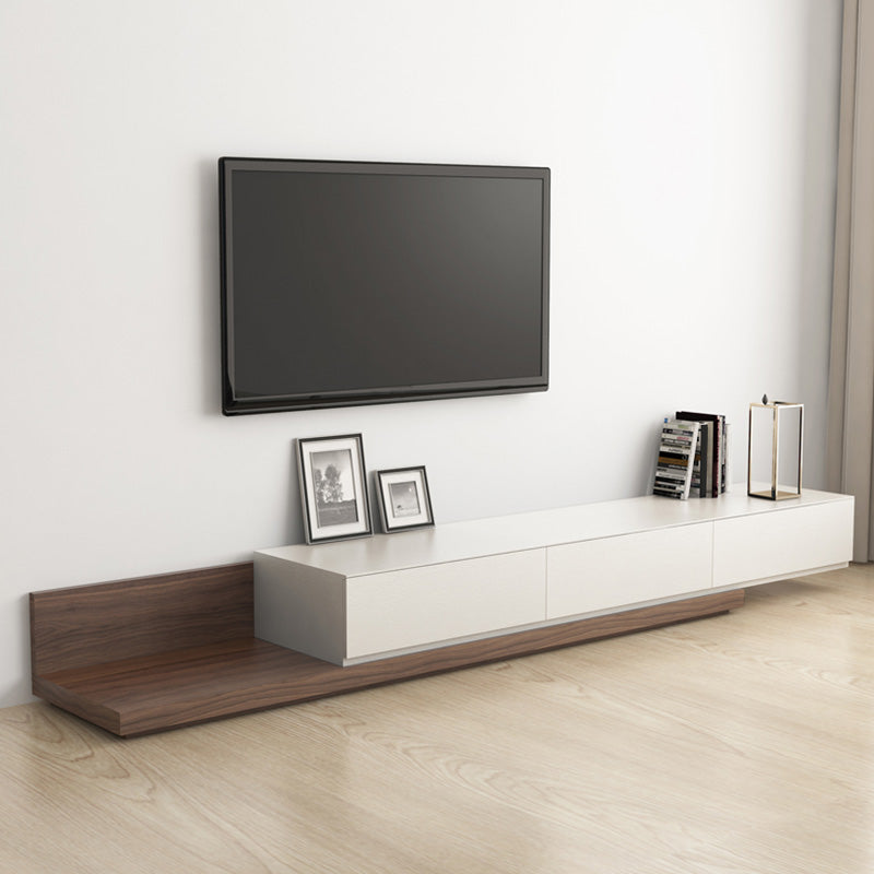 Wooden TV Stand Console Scandinavian Media Console with 3 Drawers 79"L x 16.5"W x 11"H Walnut White Right Angle Clearhalo 'furn' 'furn_tv_stands_entertainment_centers' 'Furniture' 'Living Room Furniture' 'TV Stands & Entertainment Centers' 'TV Stands & Media Storage Furniture' 'tv_stands_entertainment_centers' 7618200