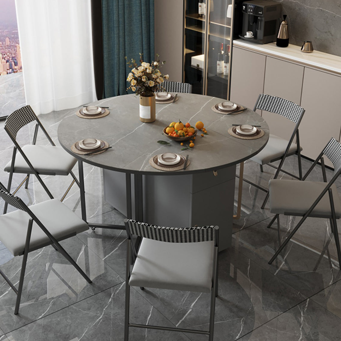 Modern Round Stone Top Dining Table Foldable for Small Spaces