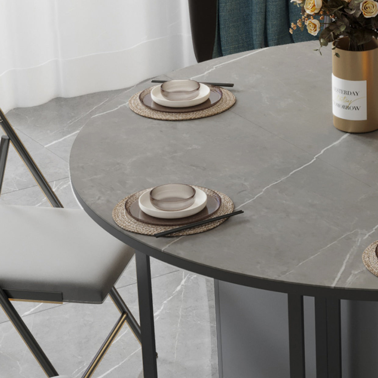 Modern Round Stone Top Dining Table Foldable for Small Spaces