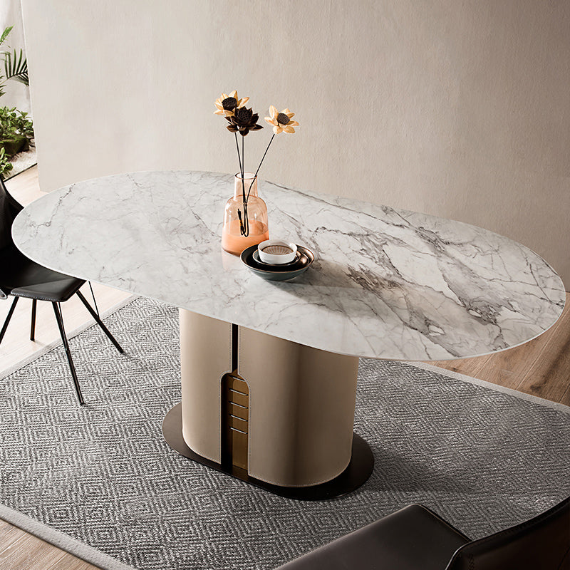 Modern Oval Marble Top Dining Table with Solid Wood Pedestal Base Clearhalo 'Dining Tables & Seating' 'Dining Tables' 'dining_table' 'furn' 'furn_dining_table' 'Furniture' 'Kitchen & Dining Furniture' 7618514