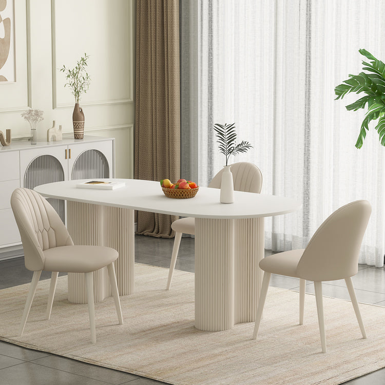 White Contemporary Oval Stone Dining Table with Double Pedestal