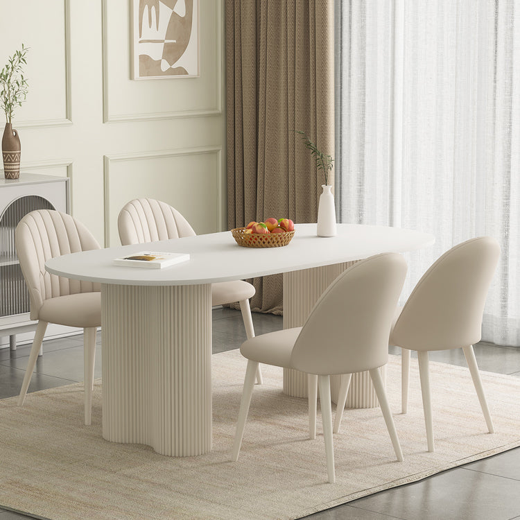 White Contemporary Oval Stone Dining Table with Double Pedestal