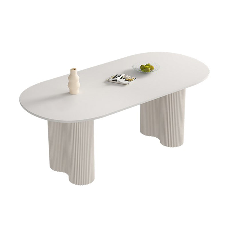 White Contemporary Oval Stone Dining Table with Double Pedestal