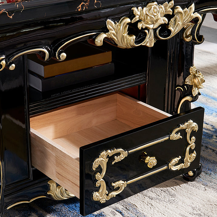 Glam Kitchen Table with Faux Marble Top Solid Wood Legs in Black Clearhalo 'Dining Tables & Seating' 'Dining Tables' 'dining_table' 'furn' 'furn_dining_table' 'Furniture' 'Kitchen & Dining Furniture' 7625205