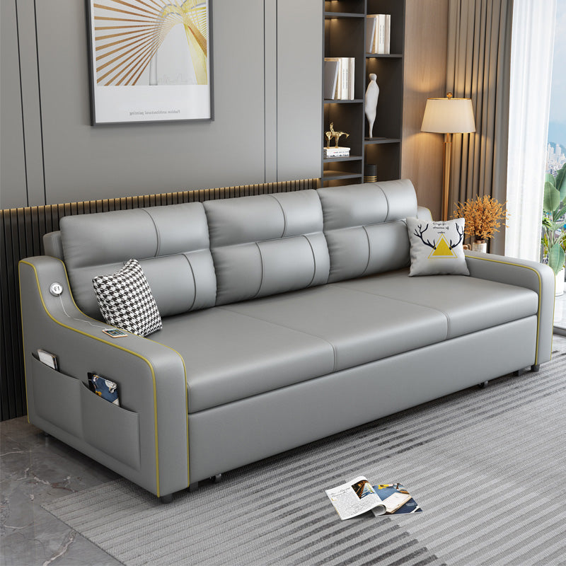 Contemporary Grey Bonded Leather Sleeper Sofa with Box and Cushion Back Clearhalo 'furn' 'furn_futons' 'Furniture' 'Futons & Daybeds' 'Futons' 'Living Room Furniture' 7633032