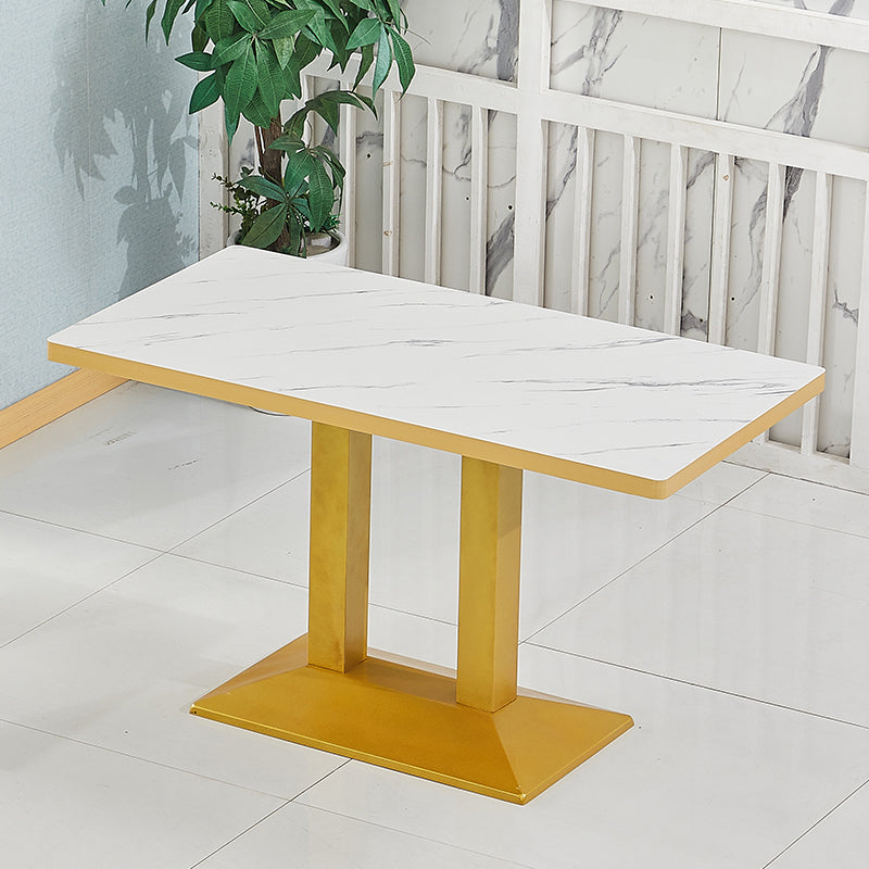 Wooden Dining Room Table for 2 Person with Metal Pedestal Base Rectangle Beige Gold 47.2"L x 23.6"W x 29.5"H Clearhalo 'Dining Tables & Seating' 'Dining Tables' 'dining_table' 'furn' 'furn_dining_table' 'Furniture' 'Kitchen & Dining Furniture' 7635799