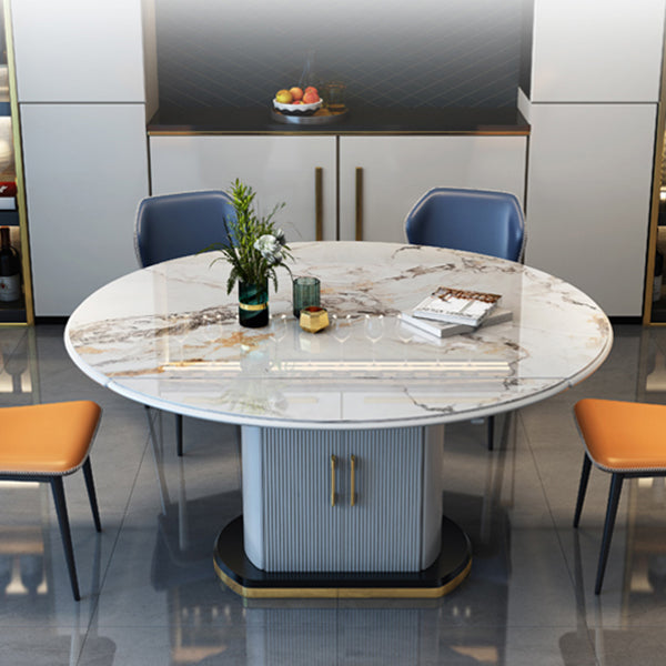 Table à manger extensible moderne, plateau rond en pierre blanche avec rangement