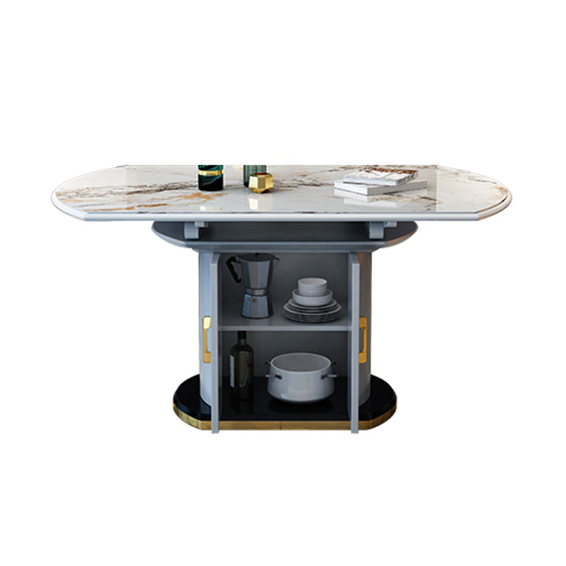 Table à manger extensible moderne, plateau rond en pierre blanche avec rangement