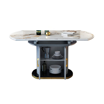 Table à manger extensible moderne, plateau rond en pierre blanche avec rangement