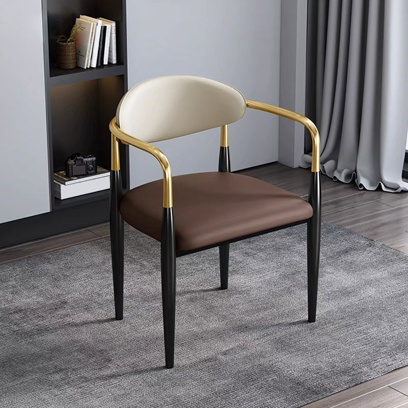 Contemporary Faux Leather Arm Dining Chair for Home in Gold Finish