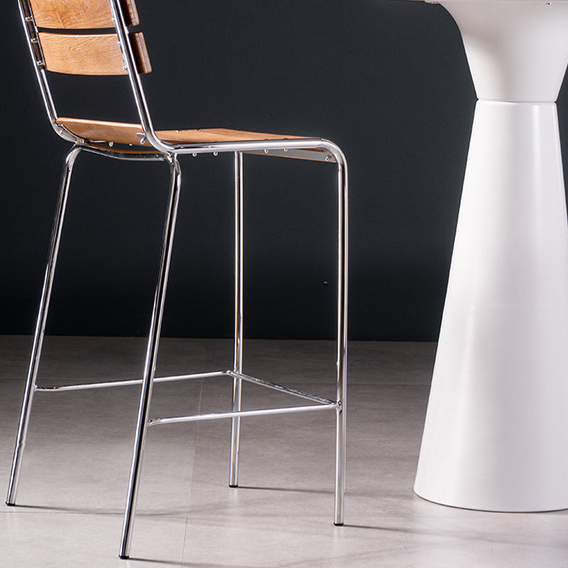Contemporary Solid Wood Backrest Counter High Stool with Metal 4 Legs
