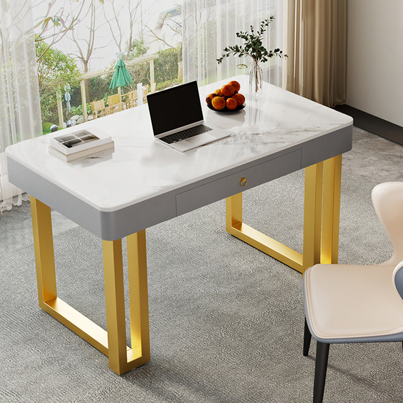 Rectangle Stone Top Office Desk Glam Style Writing with Metal Base Desk for Office 39.4"L x 23.6"W x 29.5"H Drawers Clearhalo 'furn' 'furn_office_desk' 'Furniture' 'Office Desks' 'Office Furniture' 'office_desk' 7638702
