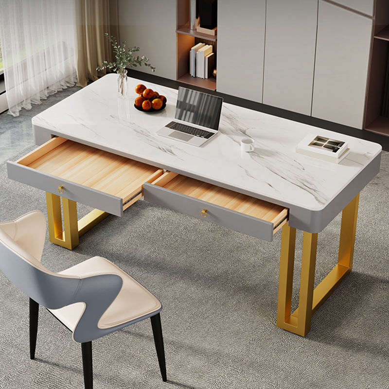 Rectangle Stone Top Office Desk Glam Style Writing with Metal Base Desk for Office Clearhalo 'furn' 'furn_office_desk' 'Furniture' 'Office Desks' 'Office Furniture' 'office_desk' 7638713