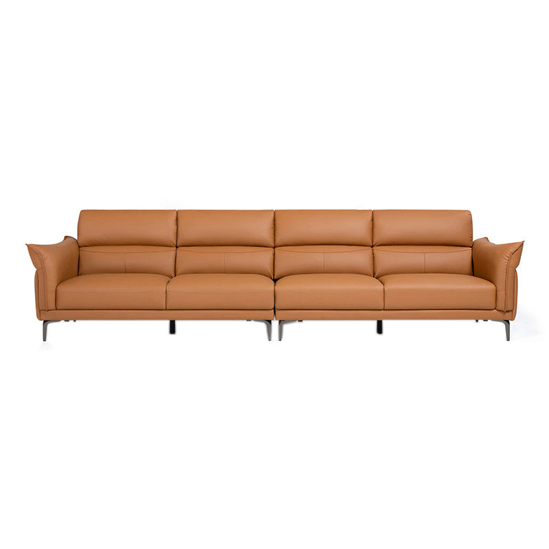 Modern Genuine Leather Sewn Pillow Back Flared Arm Sofa For Living Room