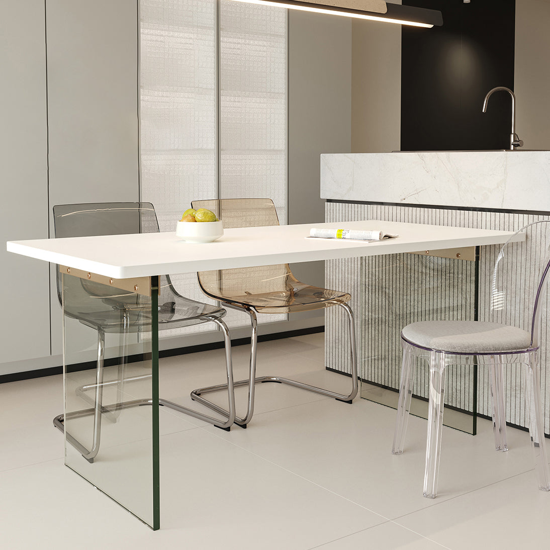 Rectangular Dining Table Modern Wood Tabletop with Acrylic Double Pedestal Base