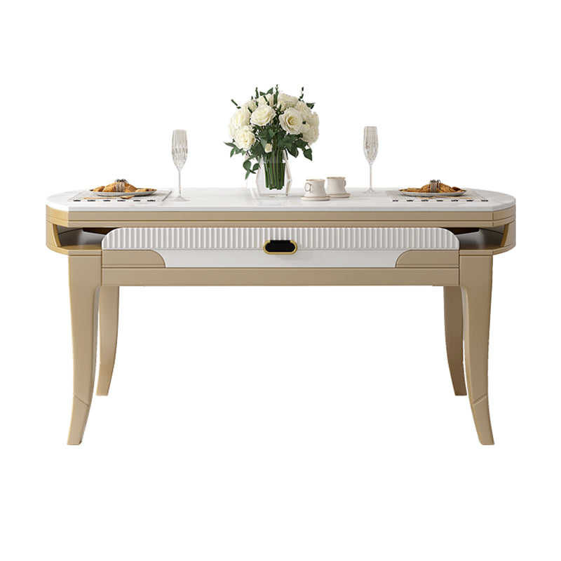 Table à manger moderne en pierre blanche avec pieds en bois massif pour le salon