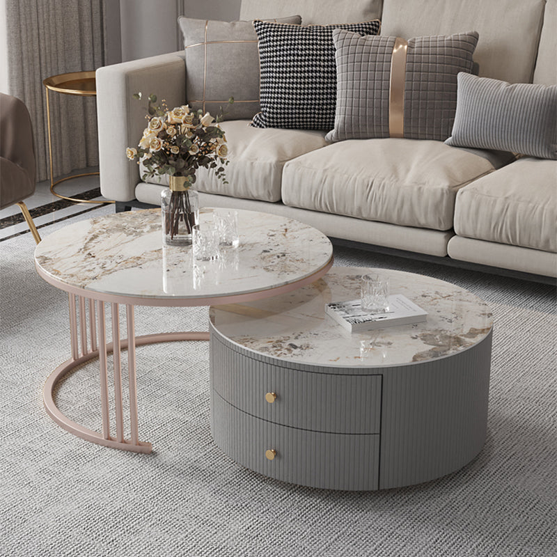 Drum Coffee Cocktail Table with 2 Storage Drawers Slate Top Round