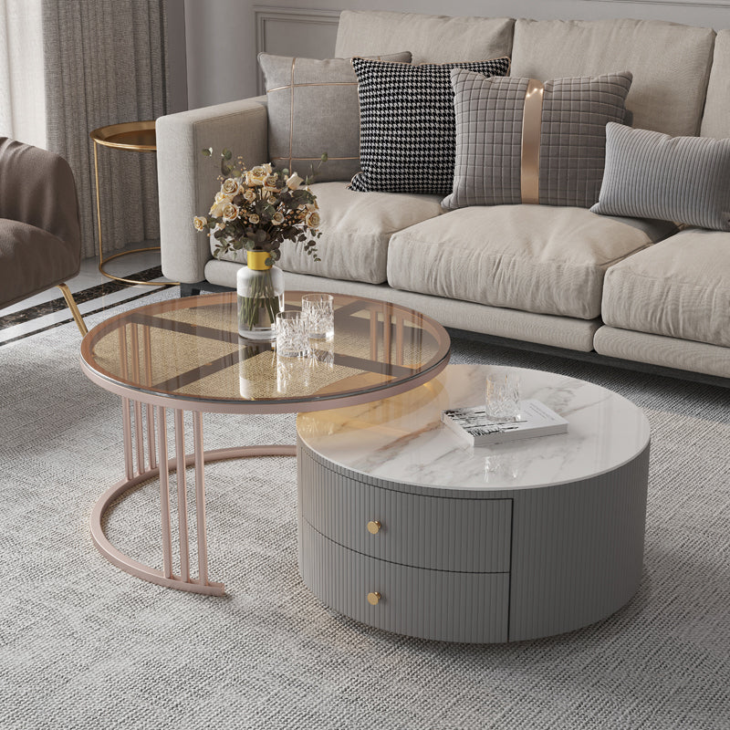 Drum Coffee Cocktail Table with 2 Storage Drawers Slate Top Round