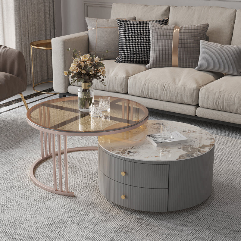 Drum Coffee Cocktail Table with 2 Storage Drawers Slate Top Round