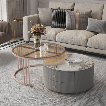 Drum Coffee Cocktail Table with 2 Storage Drawers Slate Top Round