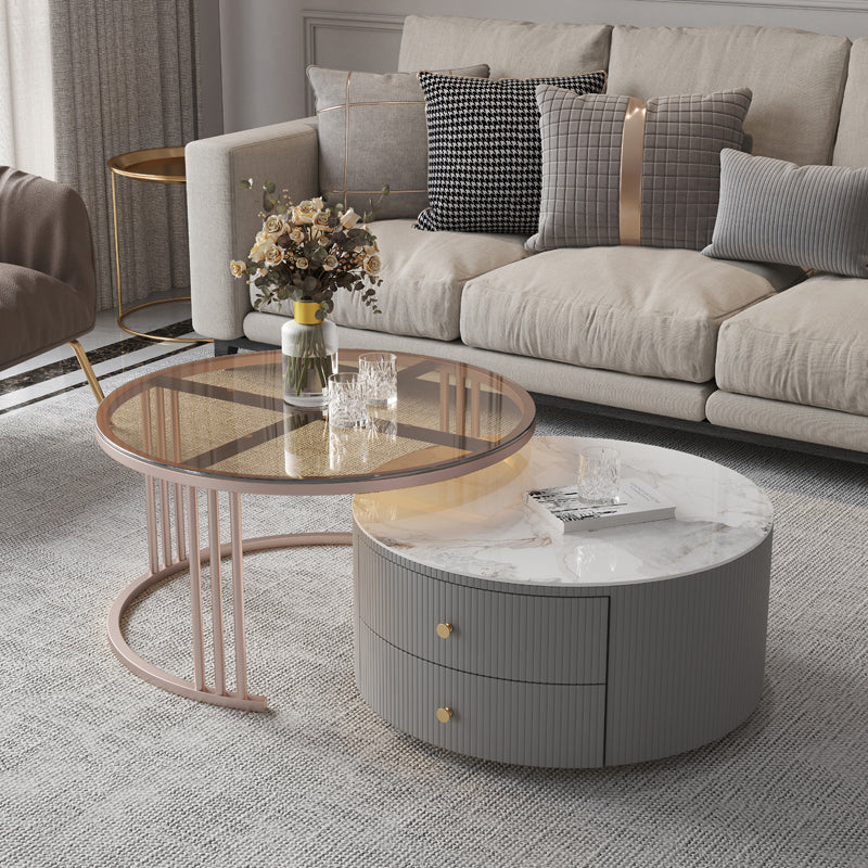 Drum Coffee Cocktail Table with 2 Storage Drawers Slate Top Round