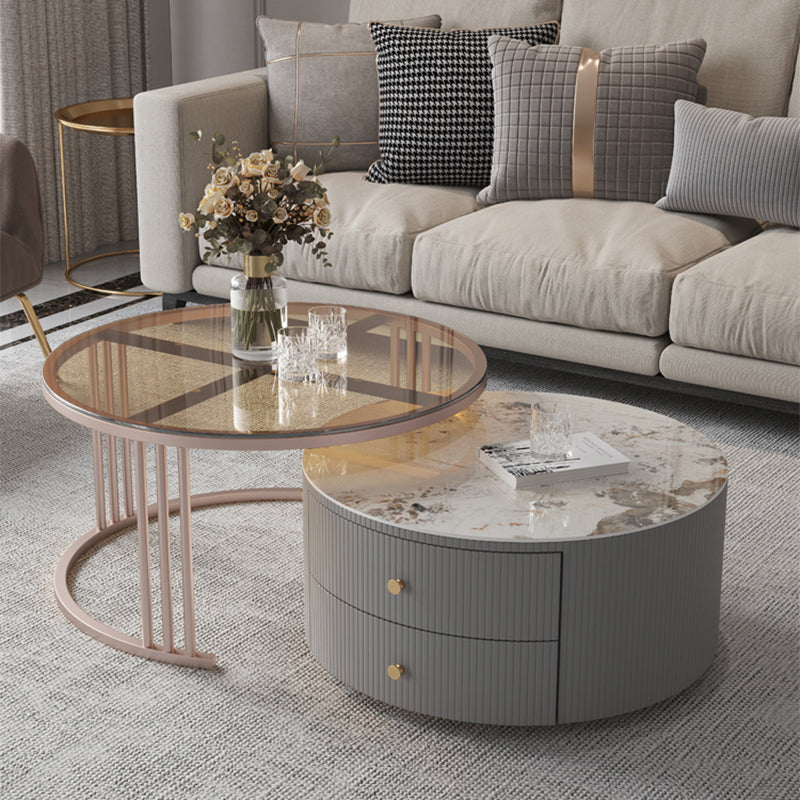 Drum Coffee Cocktail Table with 2 Storage Drawers Slate Top Round