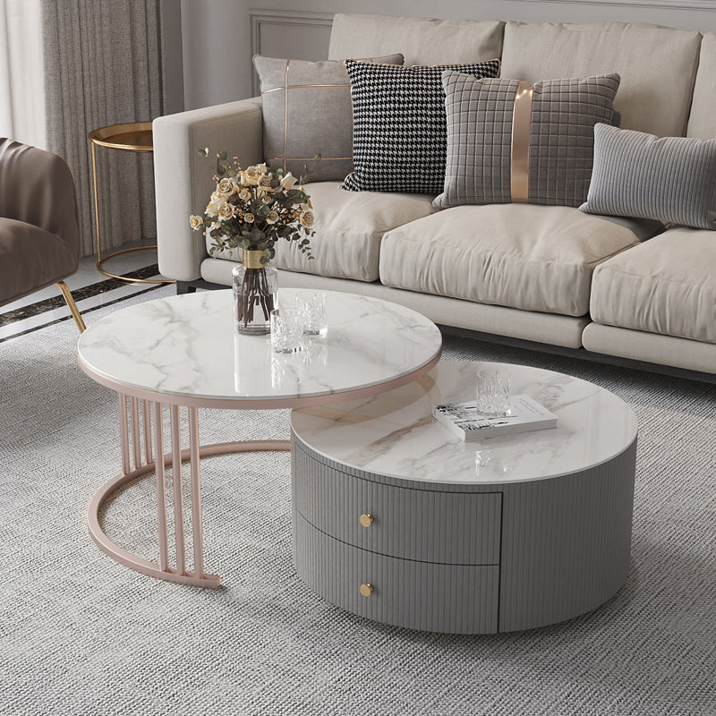 Drum Coffee Cocktail Table with 2 Storage Drawers Slate Top Round