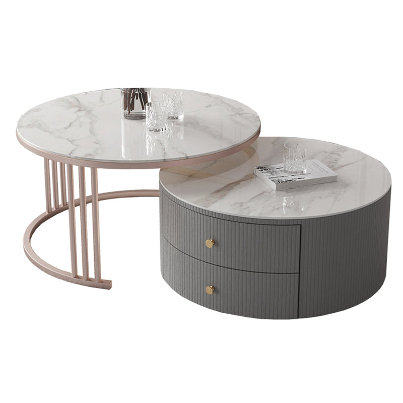 Drum Coffee Cocktail Table with 2 Storage Drawers Slate Top Round