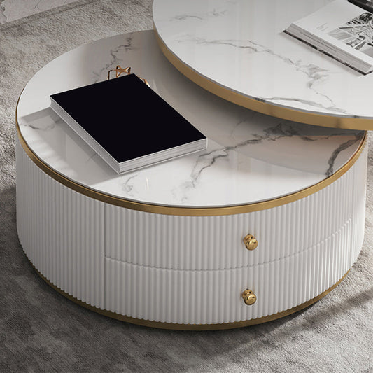 2つの収納引き出しを備えたスレート/ガラストップコーヒーテーブルモダンラウンド