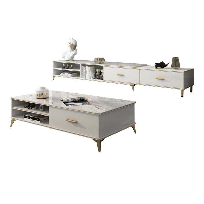 Wooden Coffee Cocktail Table with Storage 4 Legs Contemporary Rectangle 55"L x 14"W x 16"H + 47"L x 24"W x 16"H White Clearhalo 'Coffee & Accent Tables' 'Coffee Tables' 'coffee_tables' 'furn' 'furn_coffee_tables' 'Furniture' 'Living Room Furniture' 7656069