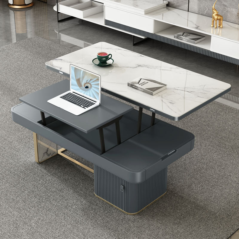 Rectangular Slate Top Coffee Table Abstract Base Cocktail Table with Storage