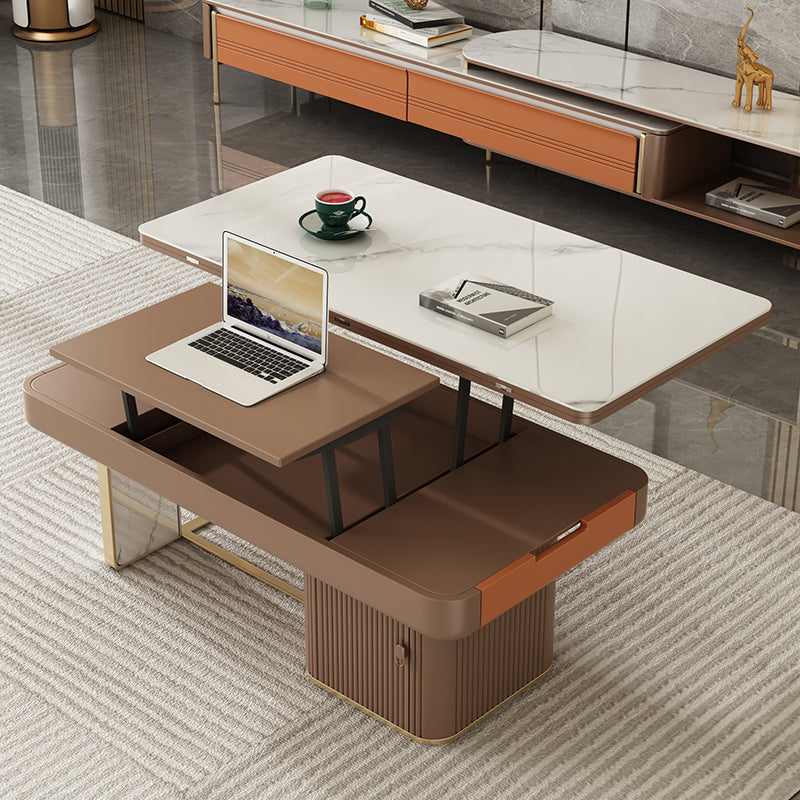 Rectangular Slate Top Coffee Table Abstract Base Cocktail Table with Storage