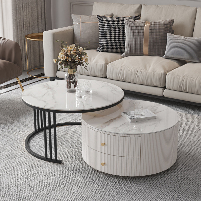 Frame Coffee Cocktail Table with Storage Drawers Round Slate Top White Clearhalo 'Coffee & Accent Tables' 'Coffee Tables' 'coffee_tables' 'furn' 'furn_coffee_tables' 'Furniture' 'Living Room Furniture' 7657700