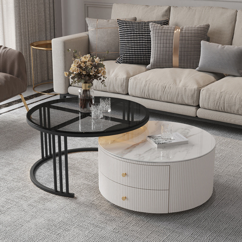Frame Coffee Cocktail Table with Storage Drawers Round Slate Top Black White Gray Clearhalo 'Coffee & Accent Tables' 'Coffee Tables' 'coffee_tables' 'furn' 'furn_coffee_tables' 'Furniture' 'Living Room Furniture' 7657712