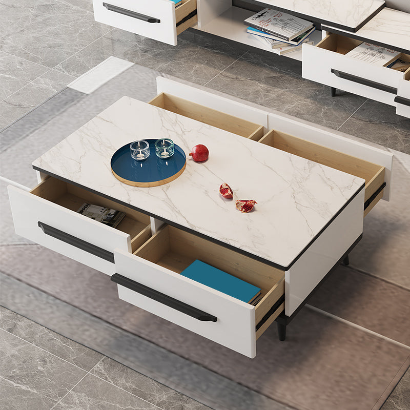 Mesa de café de 4 patas de pizarra con cajones de almacenamiento blancos contemporáneos