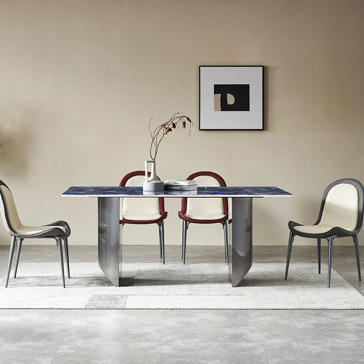 Mesa de comedor fija de piedra rectangular estilo simplicidad con pedestal doble